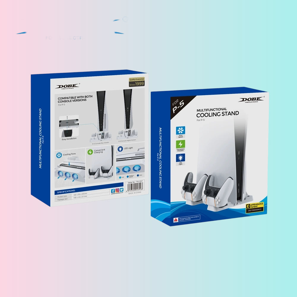 PS5 Console with LED-Lit Fan Stand + PS5 Cooling Stand + PS5 Dual Controller Charging Stand TP5-1507