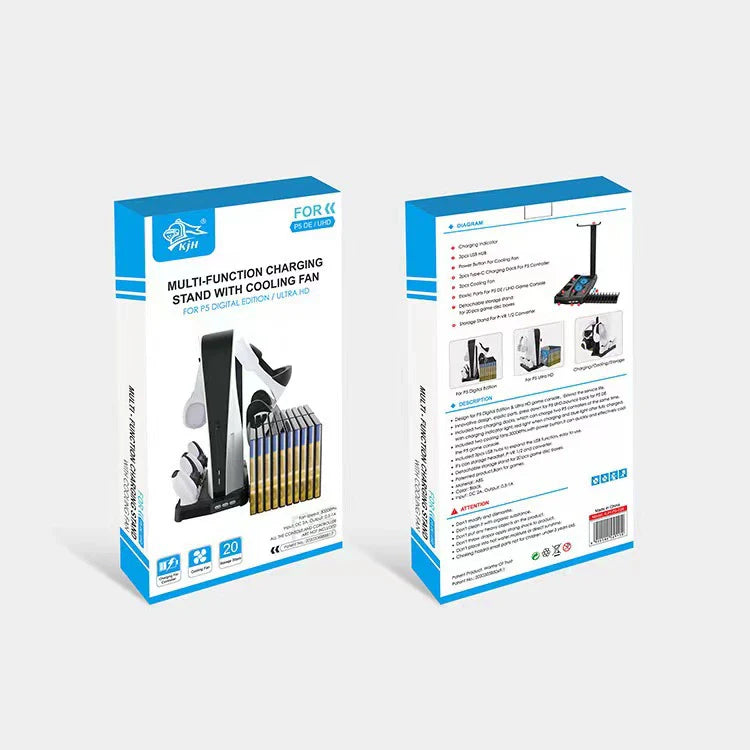 P5DE_UHD Console Multi-Function Cooling Stand with Disc Storage Rack and P5 Controller Dual Charging Dock with Headset Hook